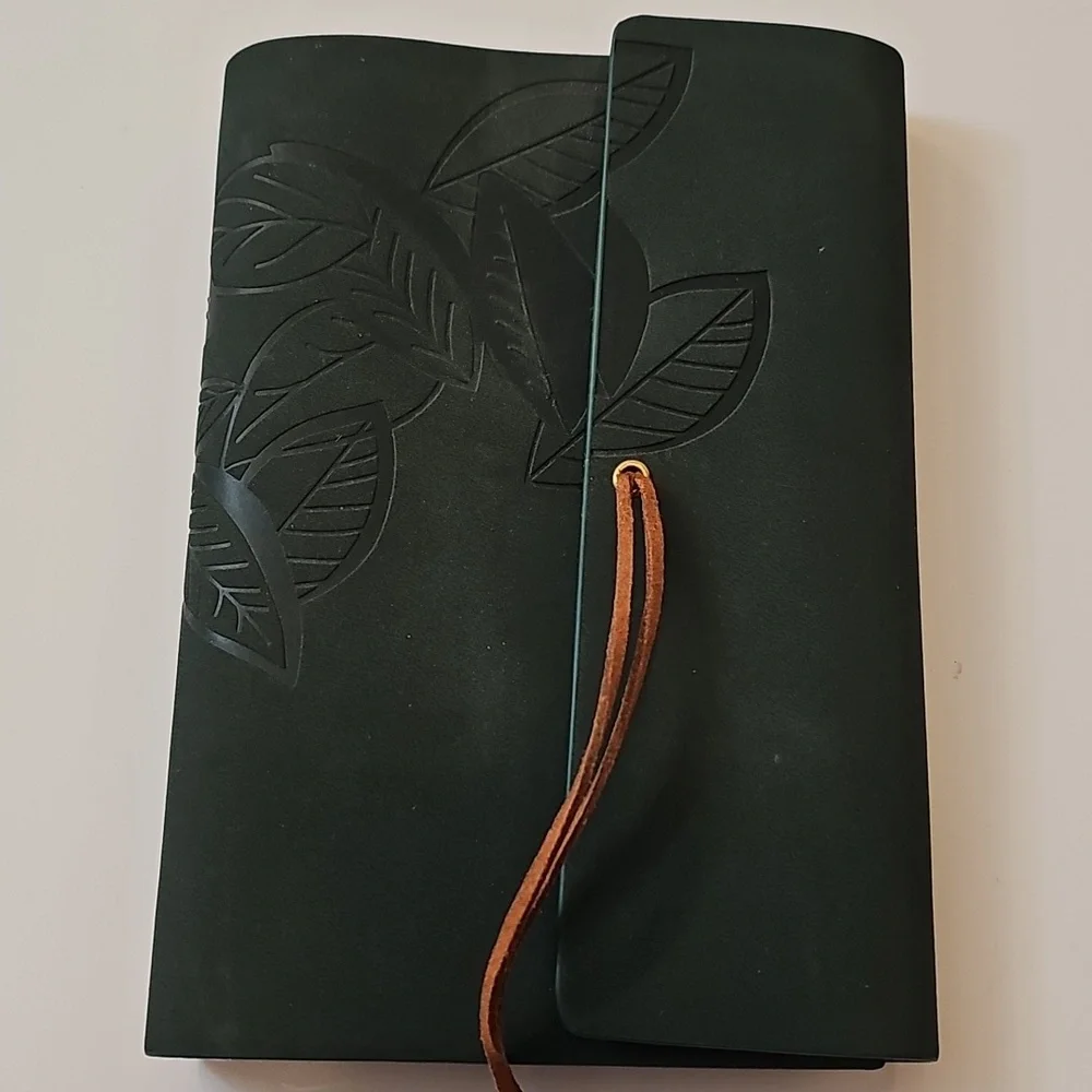 Green Leaf Embossed Faux Suede Leather Journal with Leaf Charm Emerald Green